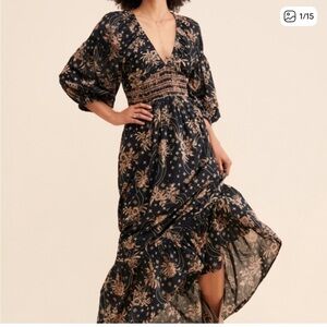 Free People Golden Hour Smocked Bodice Cotton Maxi Dress M Black/Beige w/pockets